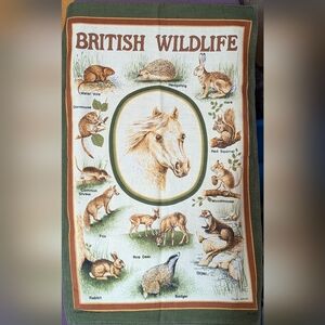 Vintage Clive Mayor British Wildlife Tea Towel - Green and Cream Kitchen Linen